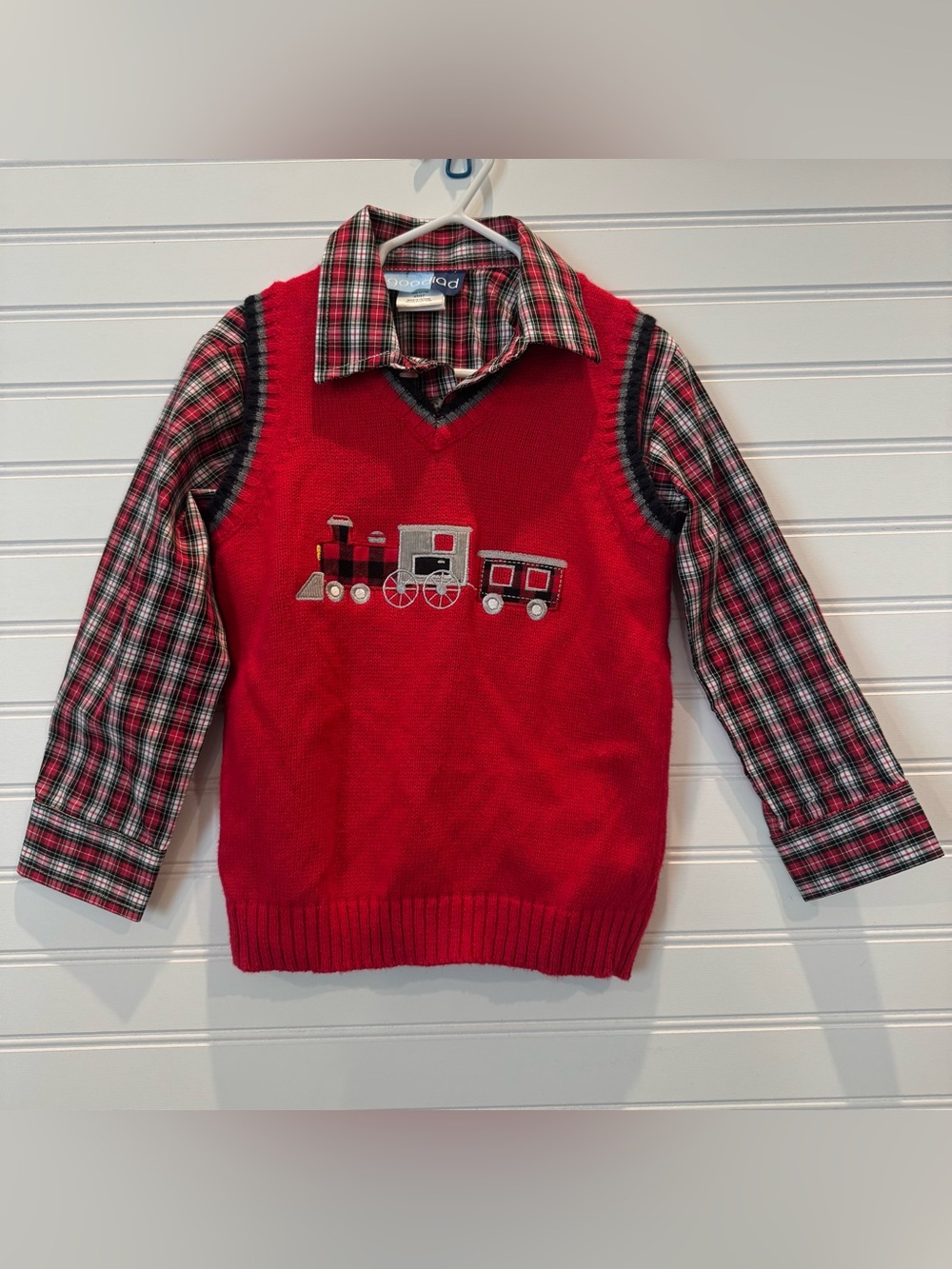 Goodlad Boys 4T Christmas Outfit Shirt Sweater Vest Train Plaid Holiday 2 Piece